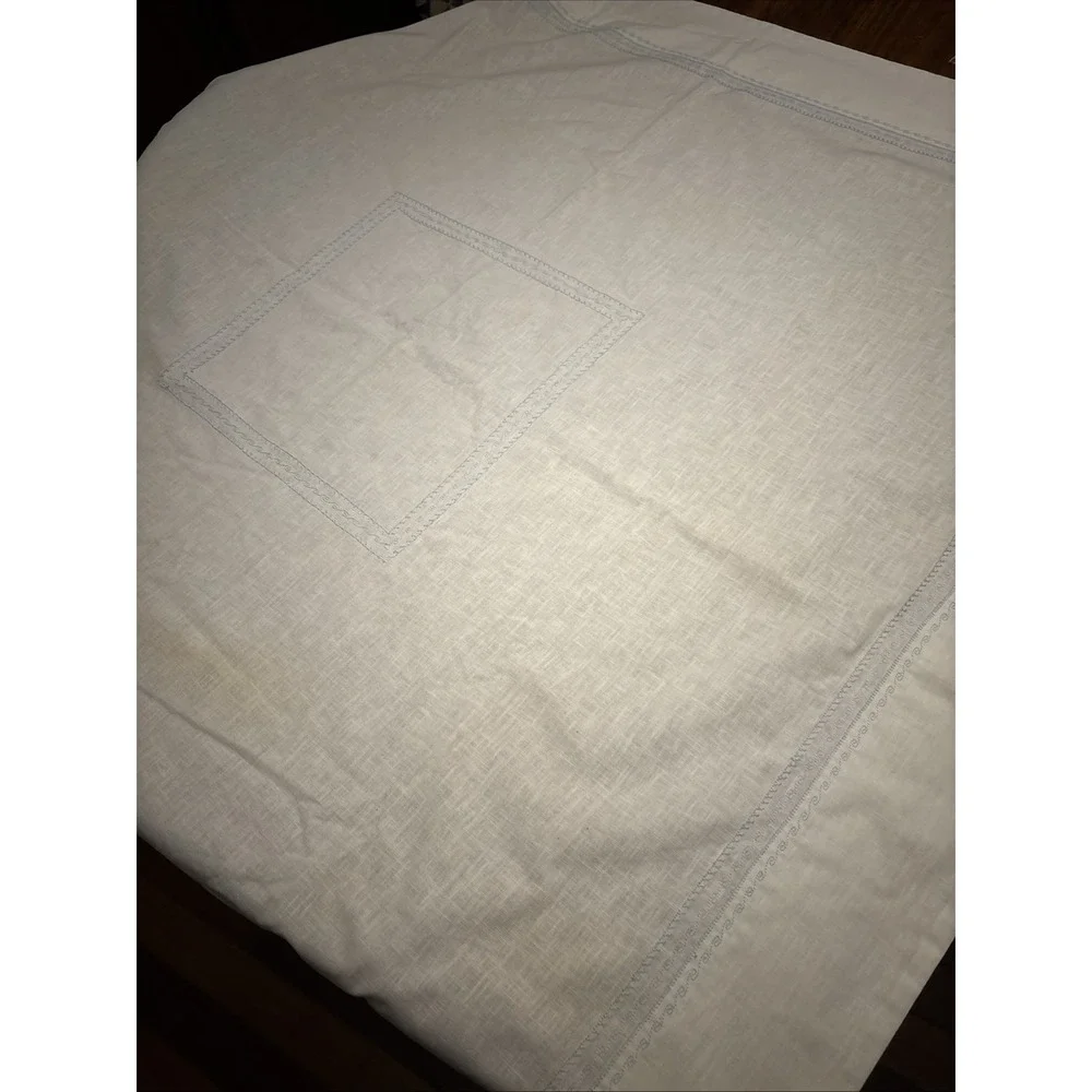 Vintage Hand Embroidered‎ Linen Heavy White Tablecloth Light Blue  49.5